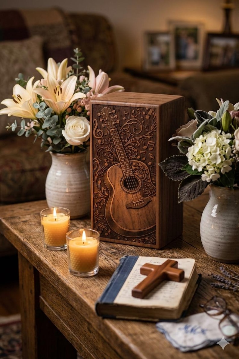 Guitar themed sympathy gift urn box