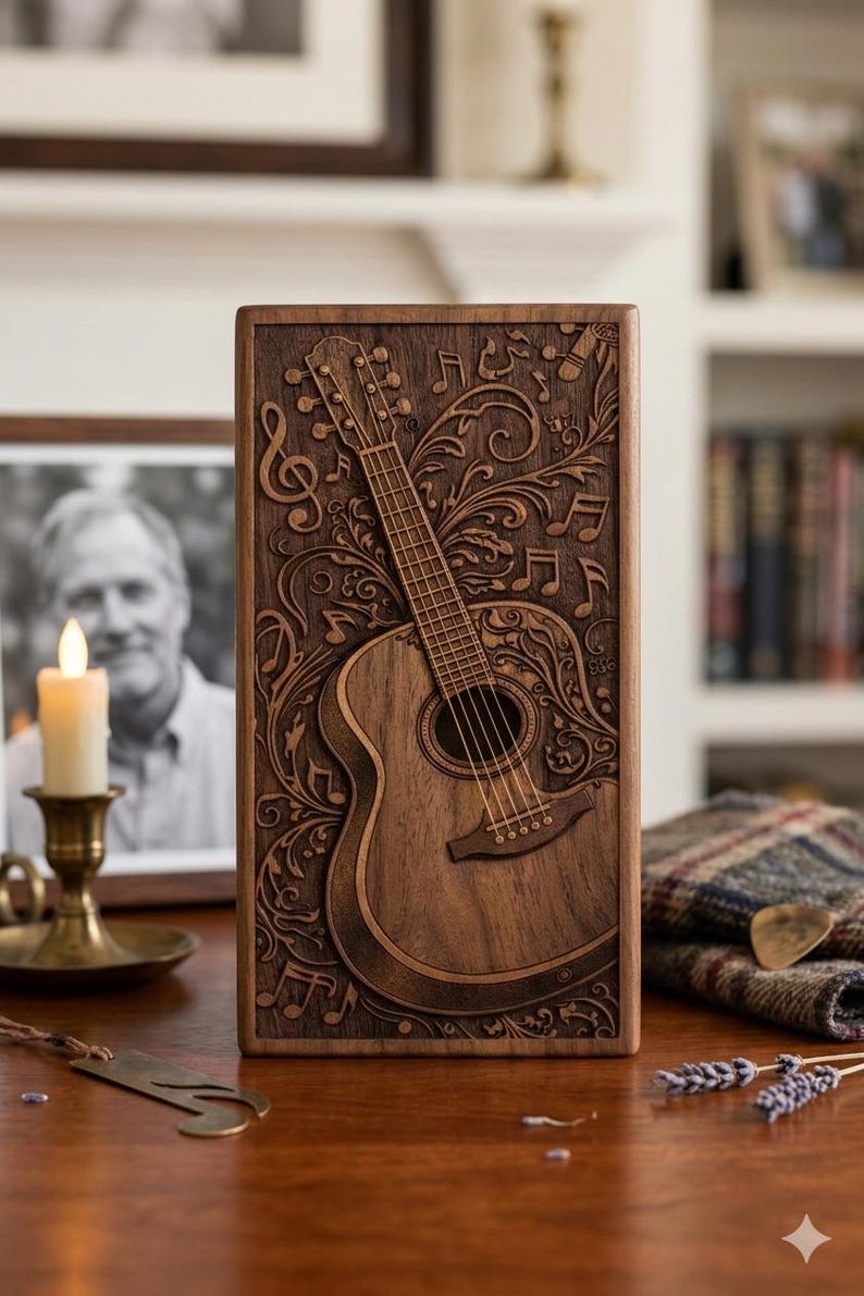 Music inspired funeral urn made of wood