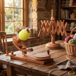 Peut inclure: Un dévidoir et un bobinoir en bois sont posés sur une table en bois rustique, à côté d'un panier de pelotes de laine colorées et d'aiguilles à tricoter. Une pelote de laine jaune vif est sur le bobinoir. La pièce est chaleureuse.