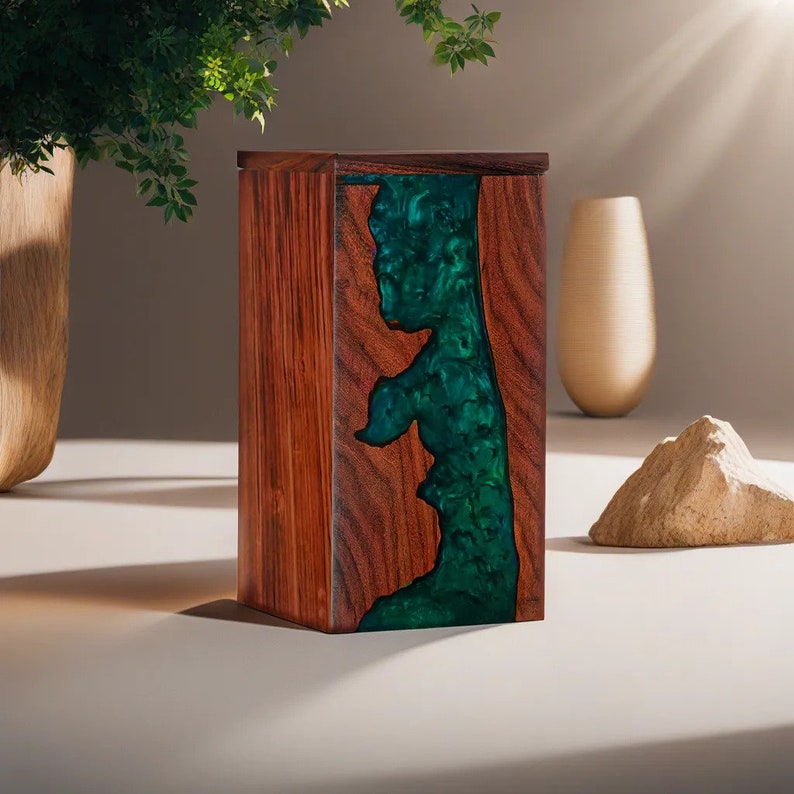 Wooden Urn Box, Handmade Rosewood With Green Resin Design Urn for Human ...