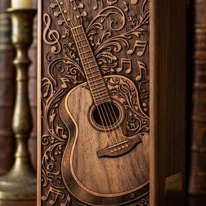 Op de afbeelding: Een houten kist met een gedetailleerde gravure van een akoestische gitaar, muzieknoten en bloemmotieven. De kist is bruin met een lichtere bruine gitaar en muzikale accenten. Het ontwerp is ingewikkeld en lijkt een reliëf te zijn.