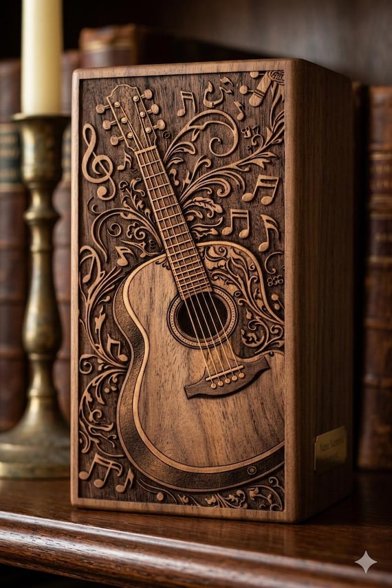 Handmade Wooden Guitar Urn Box, Musical Memorial Keepsake Ashes Box