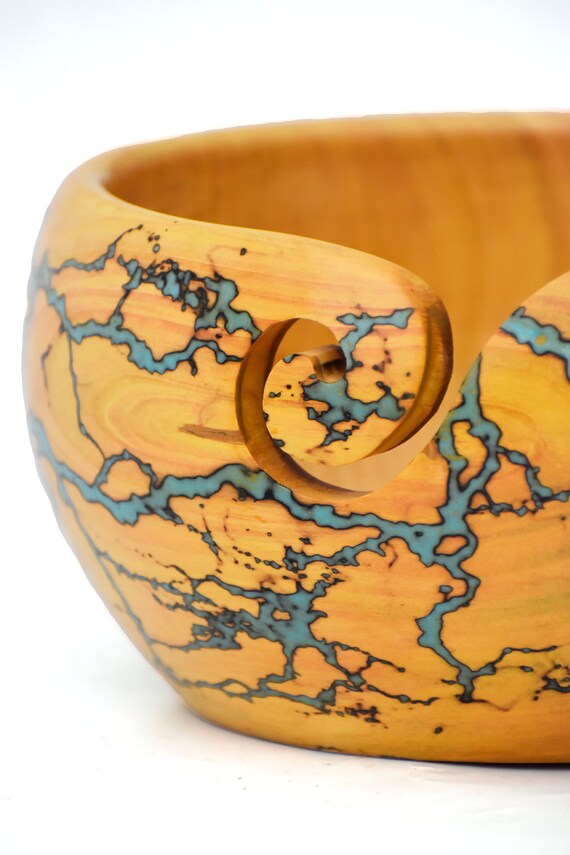 Bhartiya Handicrafts Wooden Yarn Storage Bowl - Large 7x7x4 Inches, Fractal Wood Burning & Resin Art