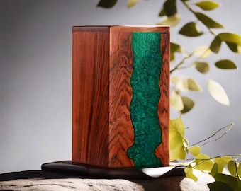 Handcrafted Rosewood Wooden Green Epoxy Resin Cremation Urn - Unique Memorial Keepsake-Wooden Urn Box.