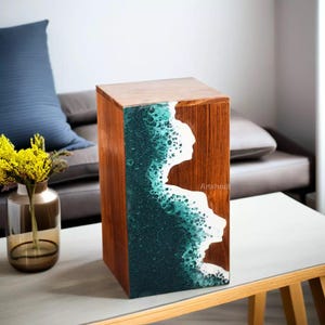 Handmade Rosewood Cremation Urn: Sea Ocean Wave Resin Art