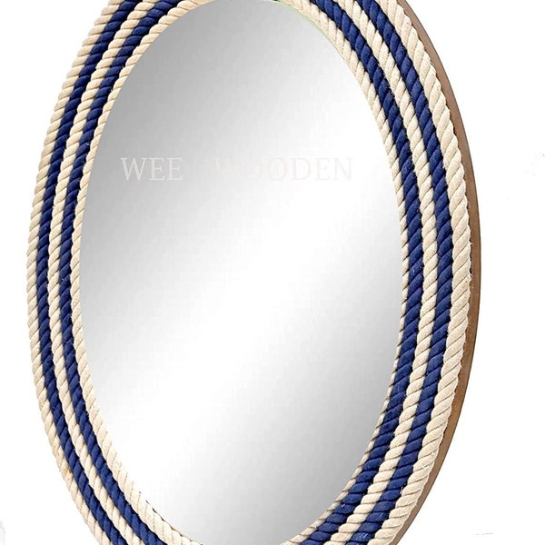 Voxo International Oval Large Bathroom Jute Mirror-Oval Navy Nautical Hampton Coastal Rope Mirror Twisted Rope Wall Hanging Mirror (30X18IN)