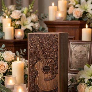 Wooden memorial urn box for musician