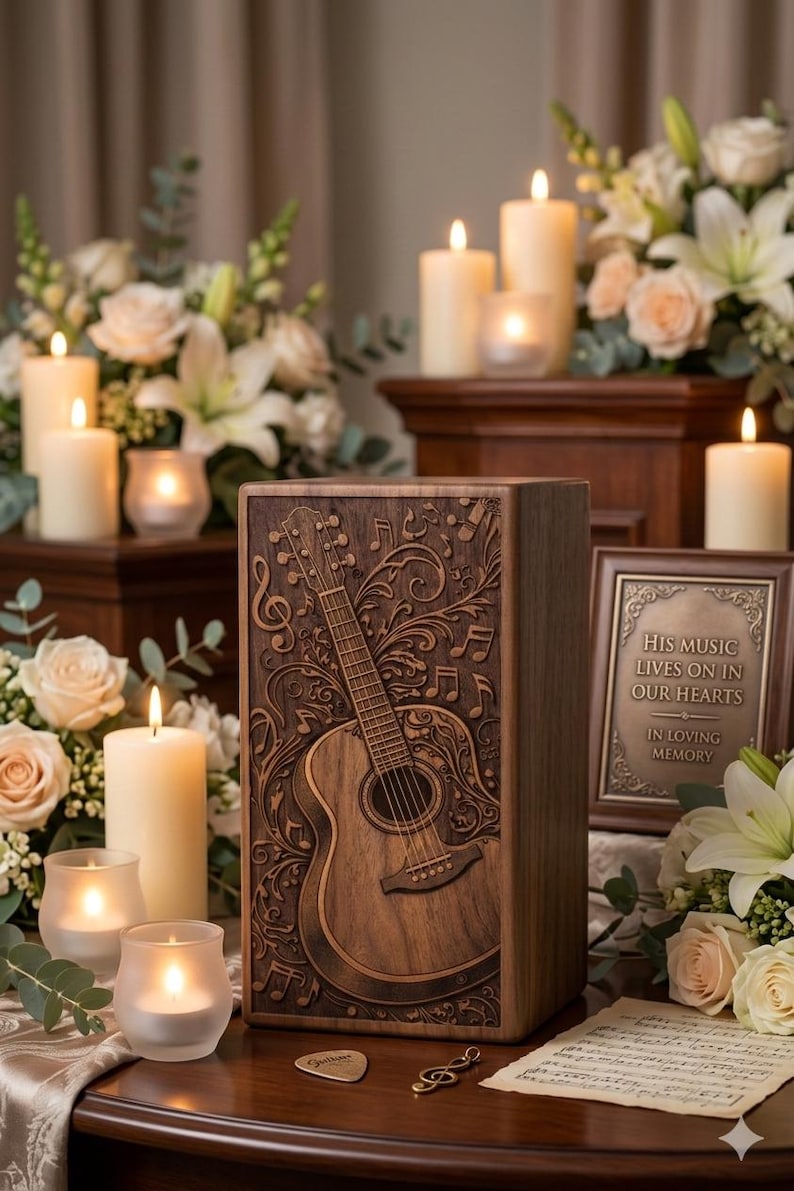Wooden memorial urn box for musician