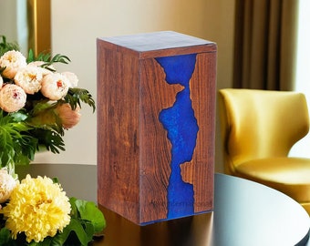Handcrafted Rosewood Urn Box with Blue Epoxy Resin Inlay
