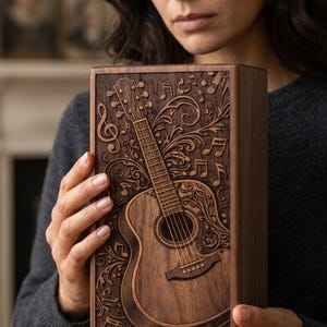 Music themed cremation urn with guitar carving