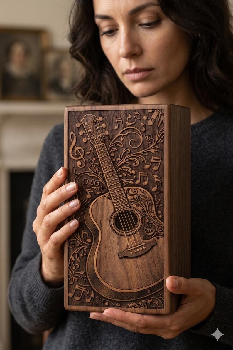 Music themed cremation urn with guitar carving