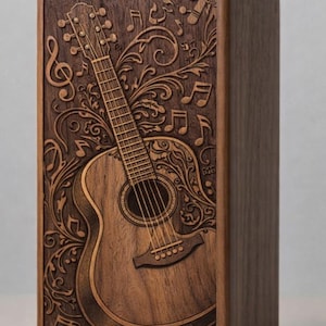 Decorative wooden urn with detailed guitar carving