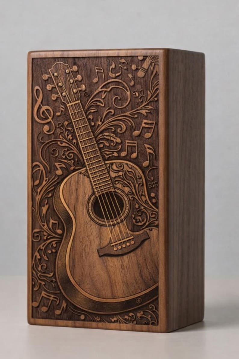 Decorative wooden urn with detailed guitar carving