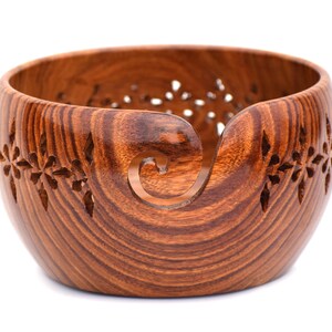 Handcrafted Rosewood Yarn Bowl: Polished Knitting Bowl with Floral Cutouts