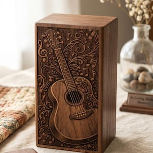 Elegant wooden cremation urn with guitar design