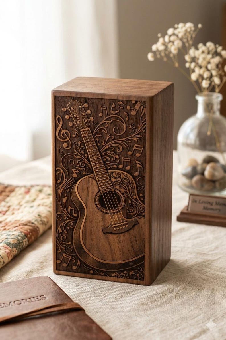 Elegant wooden cremation urn with guitar design
