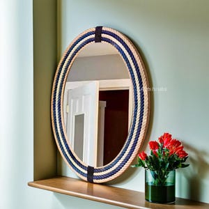 Large Oval Bathroom Jute Mirror-Oval Coastal Decor Nautical Theme Home Accents Handcrafted Round Mirror Beach House Wall Decor (30X18 IN)
