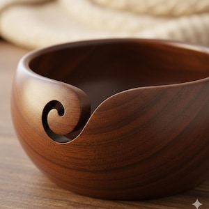 May include: A close-up of a wooden yarn bowl with a swirl design. The bowl is made of dark brown wood and has a smooth, polished finish. The swirl allows yarn to feed smoothly while knitting or crocheting.