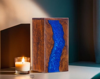 Rosewood Cremation Urn: Blue Resin River, Memorial Keepsake