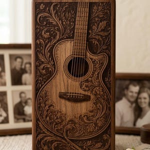 Engraved Wooden Guitar Cremation Urn Box, Musician Memorial Tribute