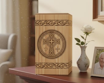 Personalized Wooden Cremation Urn Box | Engraved Celtic Cross Memorial