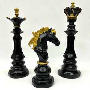 Large triple chess set, Black gold chess set, King Queen statue, Modern chess set, Queen King and Horse, Chess decor