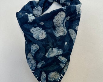 Embroidered Block Print Bandana: White Floral Block Print on Indigo Cotton with Embroidered detail on front.