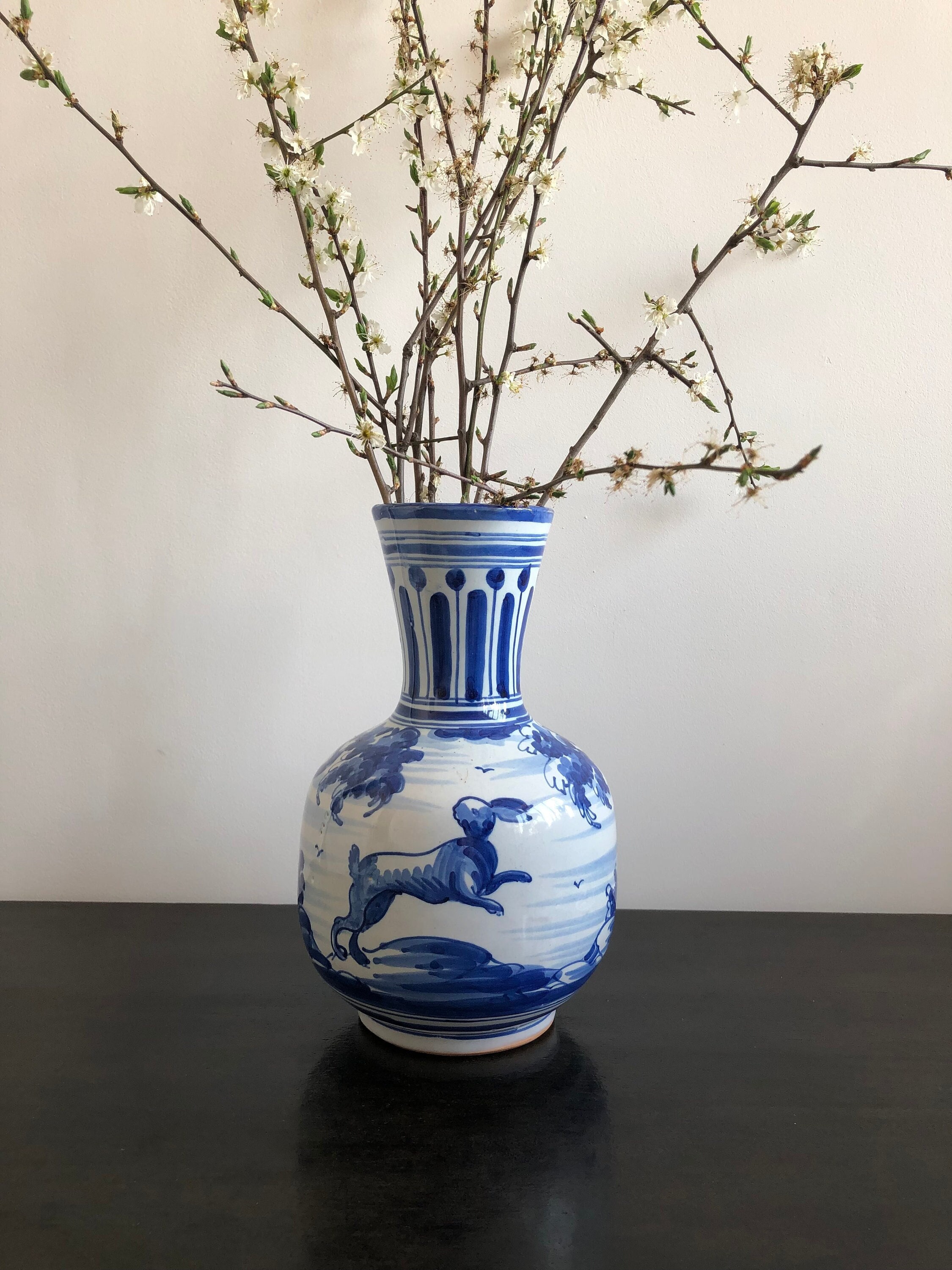 Spanish blue and white vase with bunny and chick design
