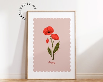 Birth Flower Print | August | Poppy | Personalised Illustration | Hand Drawn Flowers | Girls Room | Nursery Decor