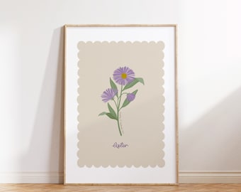 Birth Flower Print | September | Aster | Personalised Illustration | Hand Drawn Flowers | Girls Room | Nursery Decor | Girls Room | Scallop