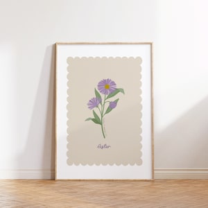 Impresión de flores de nacimiento / Septiembre / Aster / Ilustración personalizada / Flores dibujadas a mano / Habitación de niña / Decoración infantil / Habitación de niña / Vieira