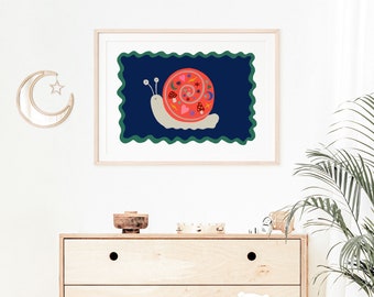 Starry Snail | Curious Creatures | Children's Bedroom | Playroom Artwork | Nursery Decor | Girls Room | Colourful Kids Illustration