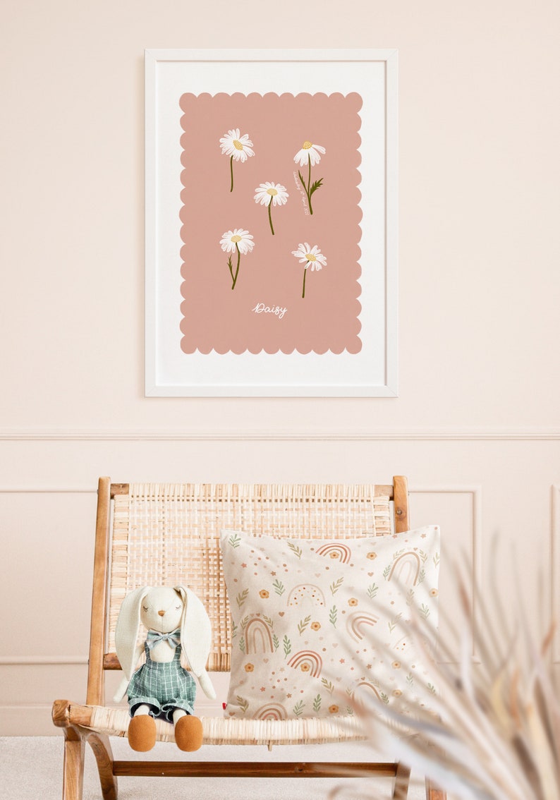 Geburt Blumen Print April Gänseblümchen Personalisierte Illustration Handgezeichnete Blumen Mädchenzimmer Kinderzimmer Dekor Mädchenzimmer Jakobsmuschelrand Bild 4