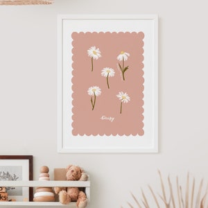 Geburt Blumen Print April Gänseblümchen Personalisierte Illustration Handgezeichnete Blumen Mädchenzimmer Kinderzimmer Dekor Mädchenzimmer Jakobsmuschelrand Bild 7