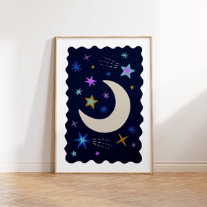 Halbmond Poster | Nachthimmel | Ich liebe dich bis zum Mond | Sternenhimmel | Weltraum Illustration | Bunter Druck | Spielzimmer Dekor | Kinderzimmer Dekor