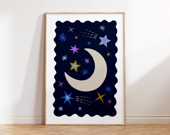 Crescent Moon Print | Night Sky | Love You To The Moon | Starry Sky | Space Illustration | Colourful Print | PlayRoom Decor | Nursery Decor