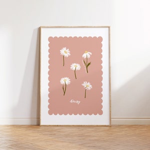 Impresión de flores de nacimiento / Abril / Margarita / Ilustración personalizada / Flores dibujadas a mano / Habitación de niña / Decoración de guardería / Habitación de niña / Borde festoneado