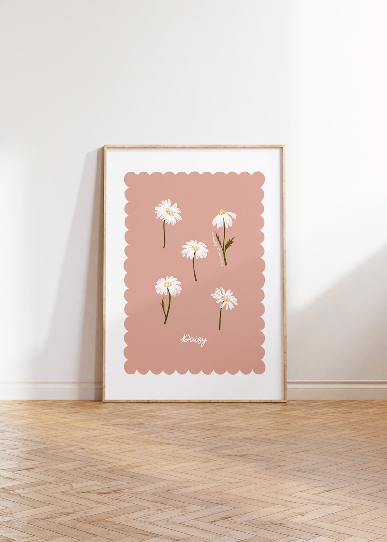 Geburt Blumen Print April Gänseblümchen Personalisierte Illustration Handgezeichnete Blumen Mädchenzimmer Kinderzimmer Dekor Mädchenzimmer Jakobsmuschelrand Bild 1