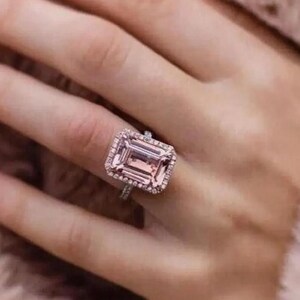 Morganit Verlobungsring Smaragdschliff Solid Gold Ehering Rosa Smaragd Versteckter Halo Ring Brautring Geschenke für sie Pfirsich Rosa Morganit
