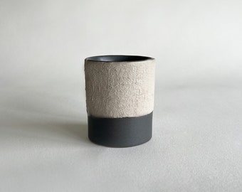 Handmade Ceramic Tea Cup: Rustic Stoneware, Beige & Charcoal