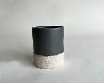 Handmade Ceramic Tea Cup: Rustic Stoneware, Beige & Charcoal