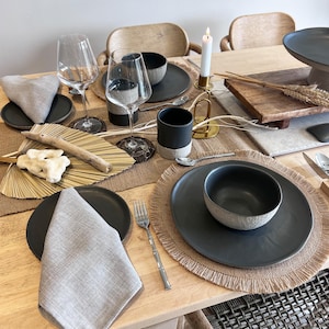 Beige charcoal ceramic plates and bowl and cup set