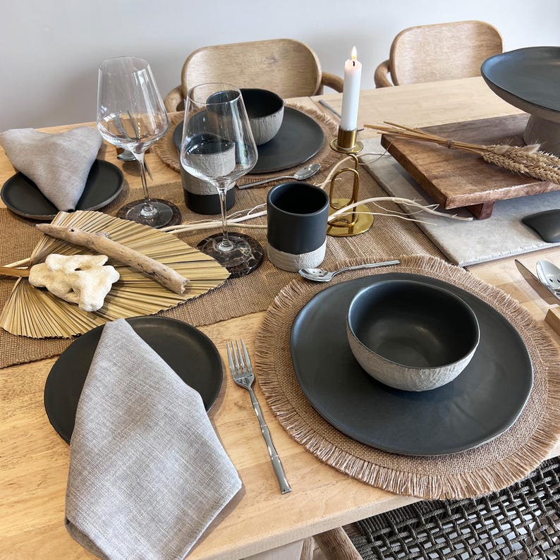Beige charcoal ceramic plates and bowl and cup set