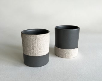 PAIR - Handmade Organic Ceramic Cup - Textured Beige & Charcoal