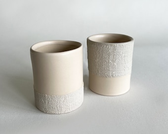 Handmade Ceramic Coffee Cup Set of 2: Rustic Stoneware Textured Beige