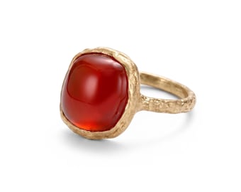 Cushion Cabochon Carnelian Ring, 18K Textured Gold