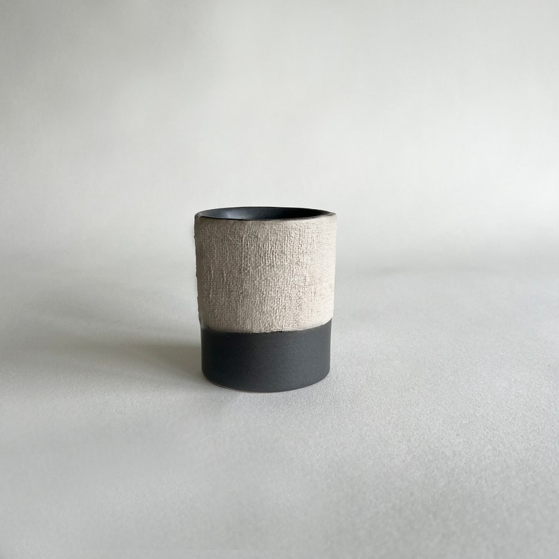 Handmade Organic Ceramic Cup Top Textured, Beige & Charcoal image 1