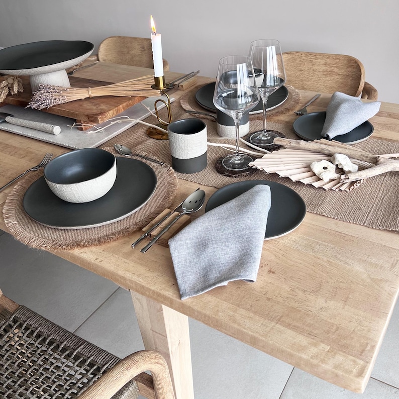 table setting with beige and charcoal rustic dinnerware set