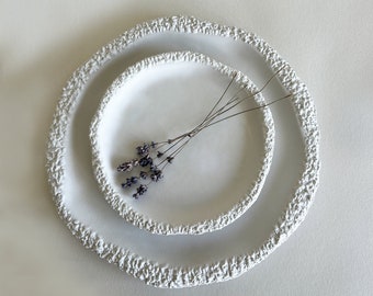 Set of 2 Plates, Handmade Textured Organic Ceramic Plates - White