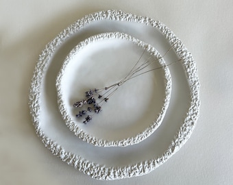 Handmade Ceramic Dinnerware Set: Textured White Stoneware Plates (Set of 2)